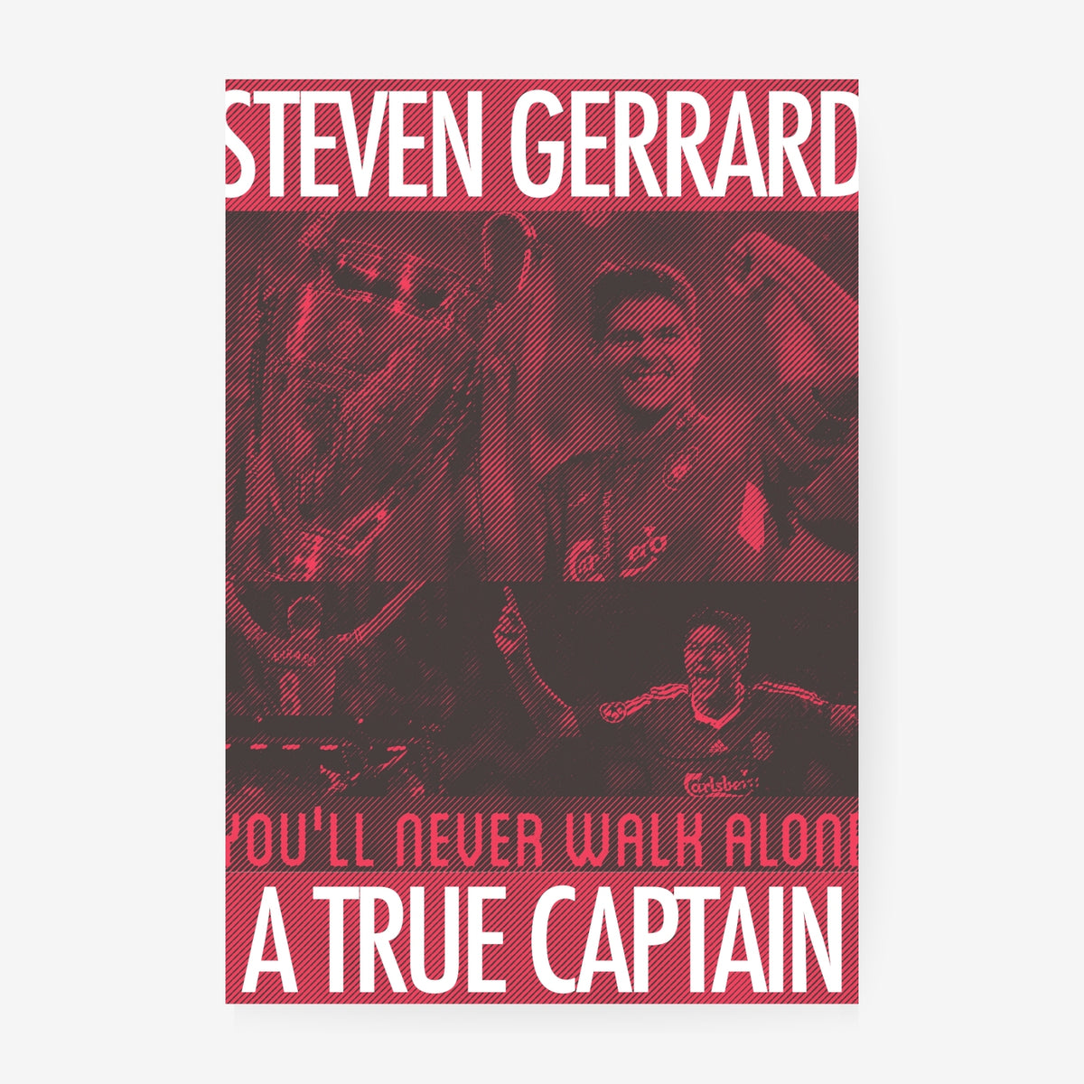 Steven Gerrard football poster featuring iconic Liverpool moments in a red vintage graphic design