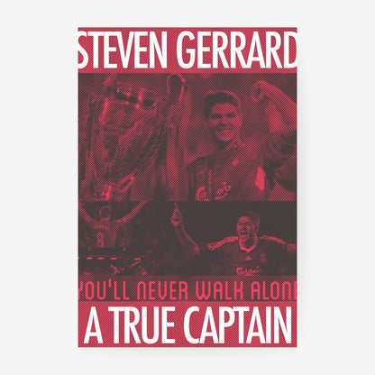Steven Gerrard football poster featuring iconic Liverpool moments in a red vintage graphic design
