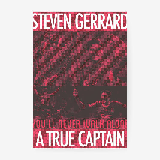 Steven Gerrard football poster featuring iconic Liverpool moments in a red vintage graphic design