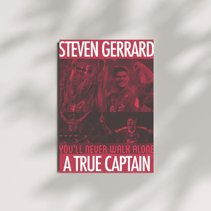 Steven Gerrard football wall art featuring a retro red Liverpool captain poster design