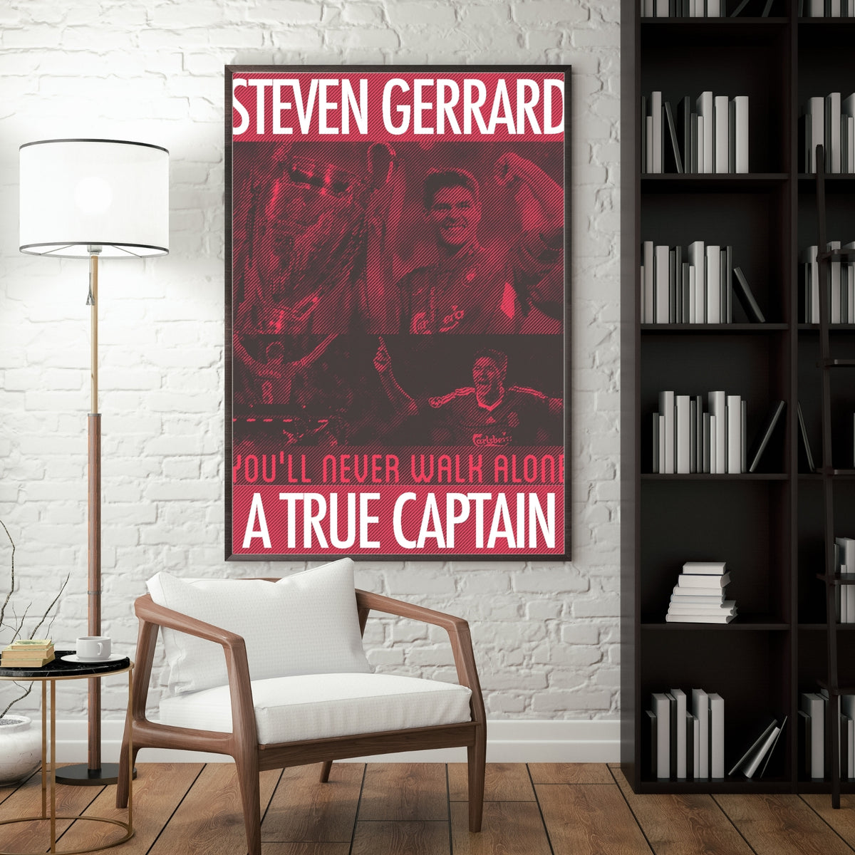 Steven Gerrard football poster displayed in a modern interior with a dark frame