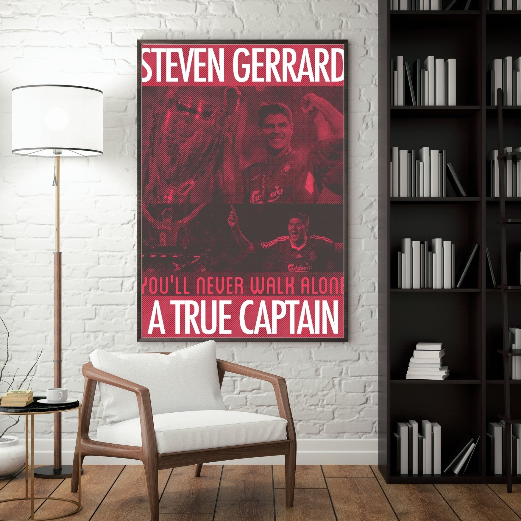 Steven Gerrard football poster displayed in a modern interior with a dark frame