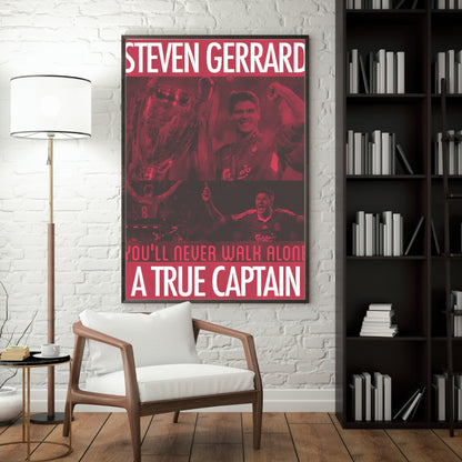 Steven Gerrard football poster displayed in a modern interior with a dark frame