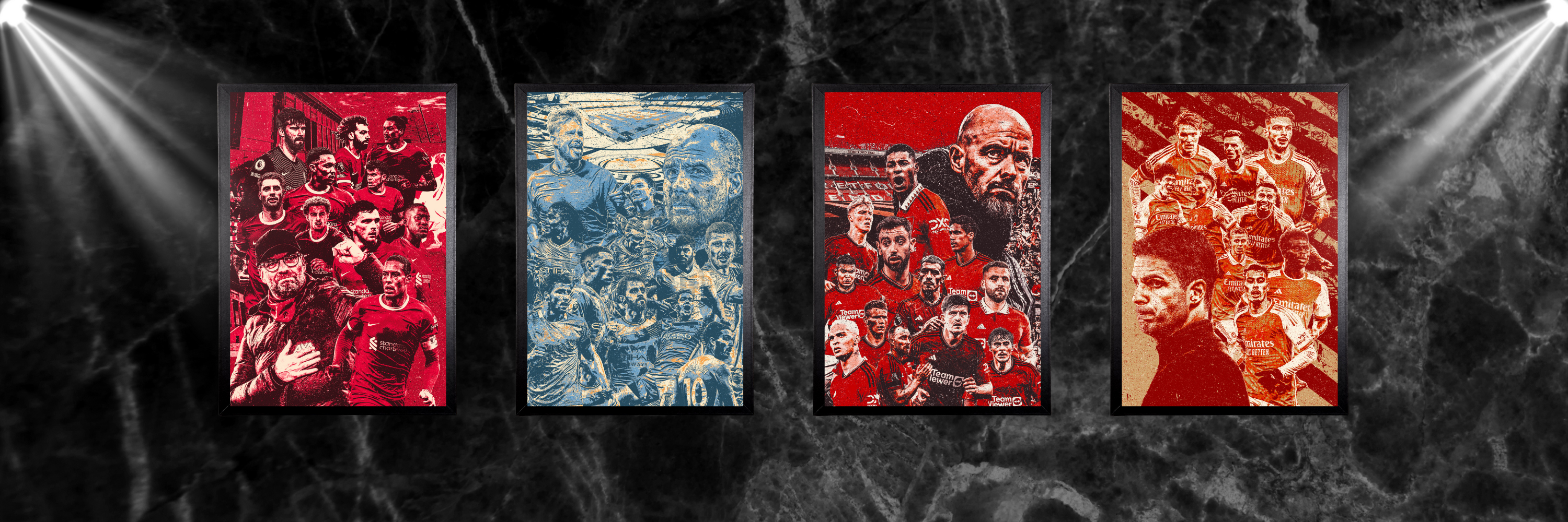 Football Team Posters featuring designs of iconic clubs like Liverpool, Manchester United, and Real Madrid.