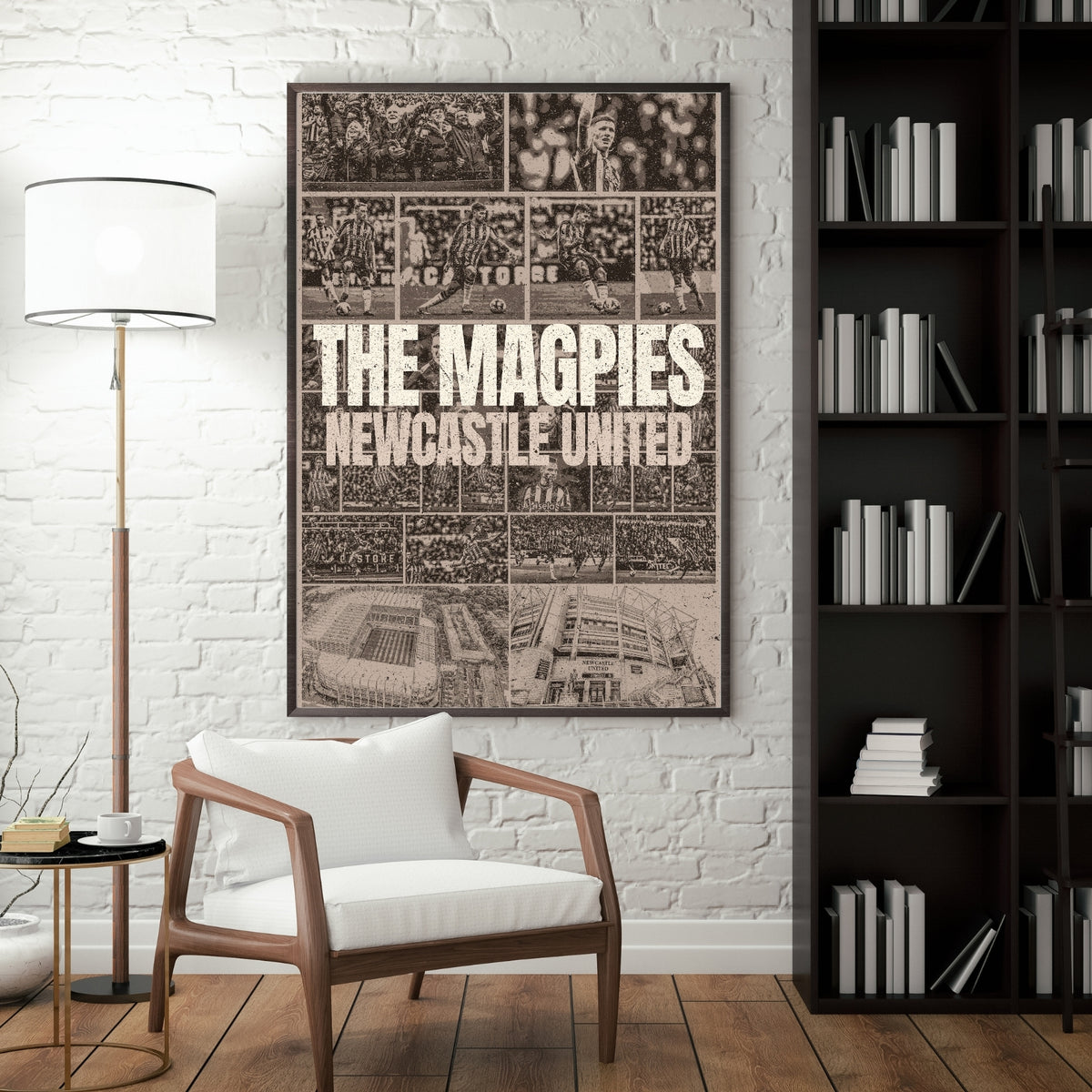 Newcastle United football poster displayed in a modern interior with a dark frame