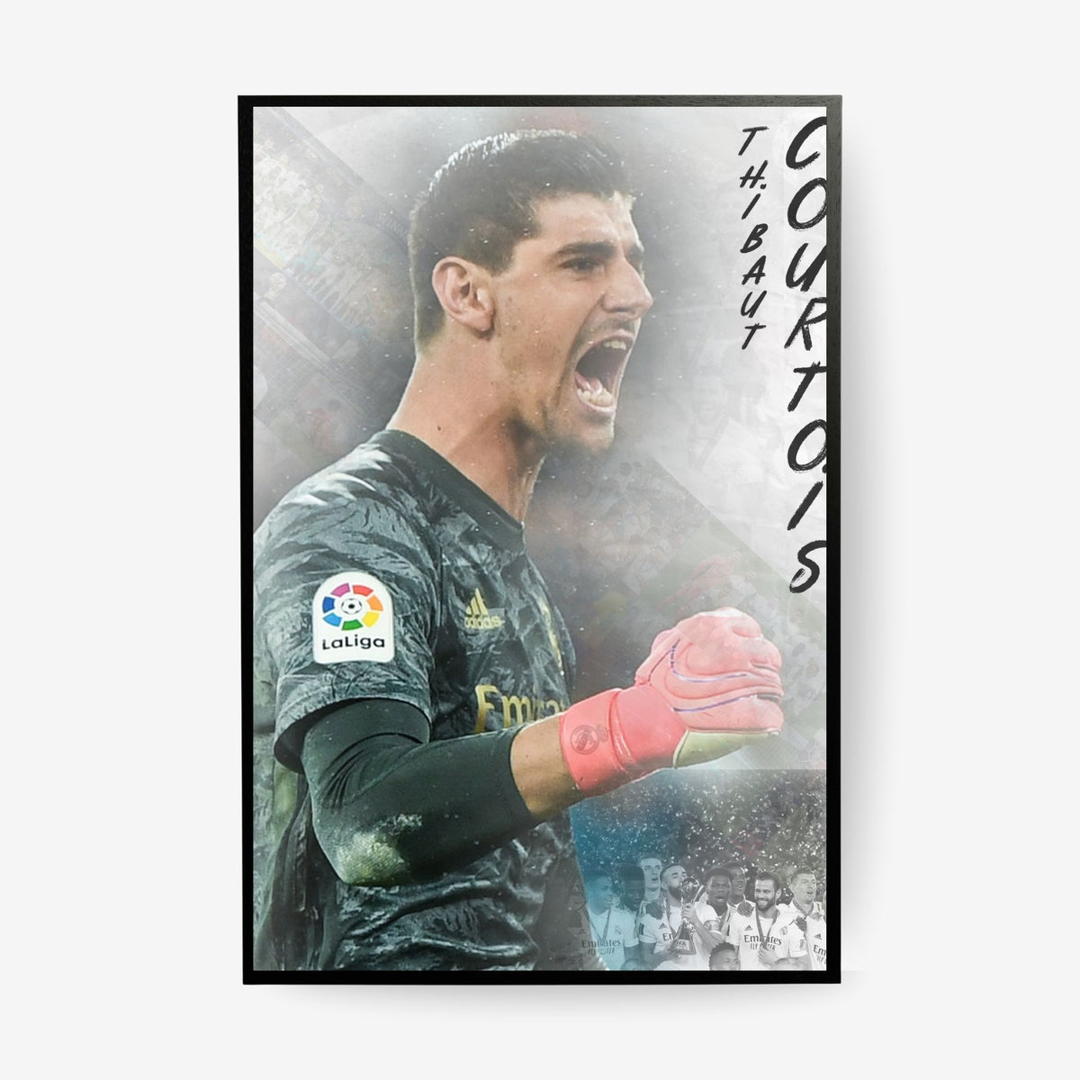 Thibaut Courtois football poster in a black frame featuring the goalkeeper celebrating
