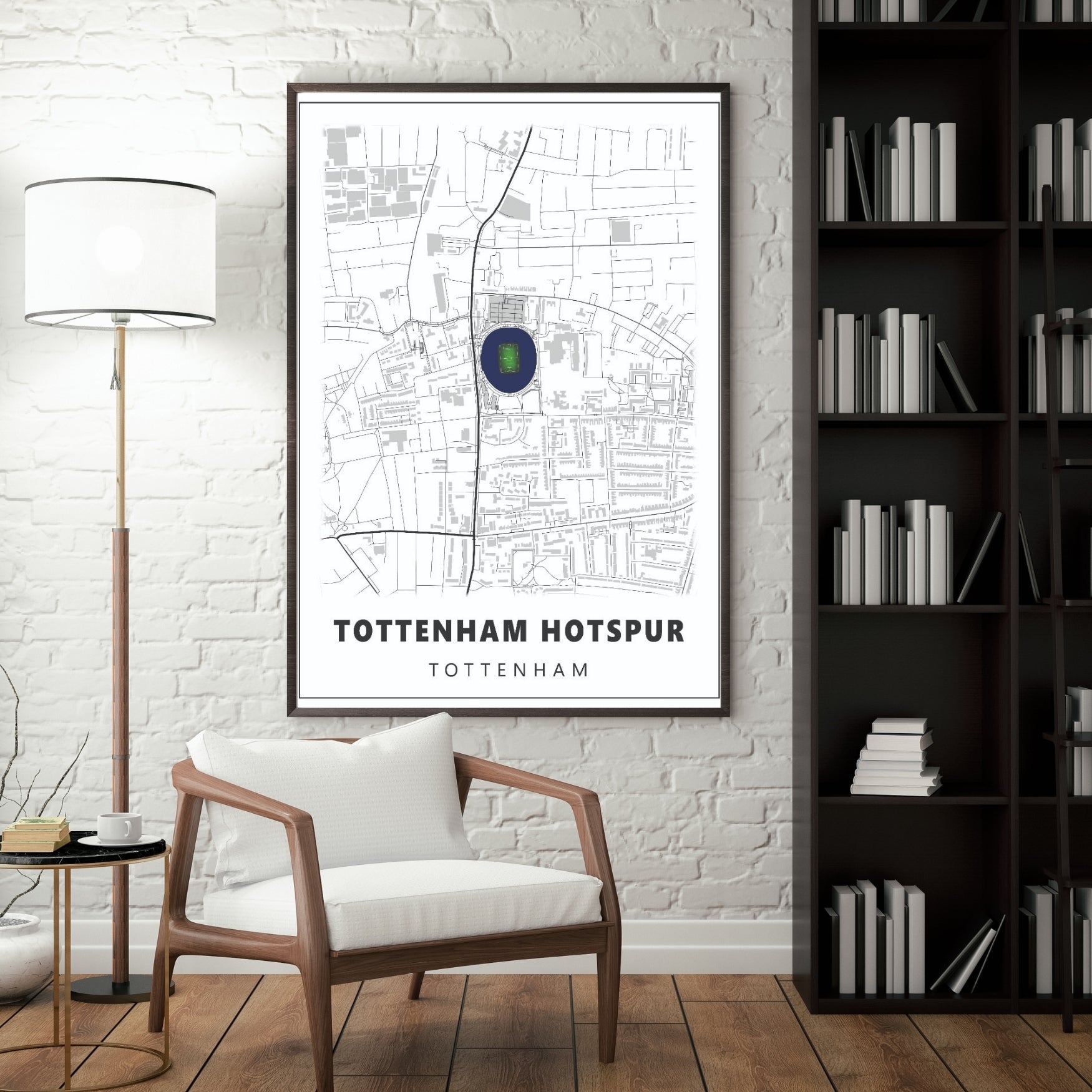 Tottenham Hotspur stadium map poster displayed in a modern interior as minimalist football room decor