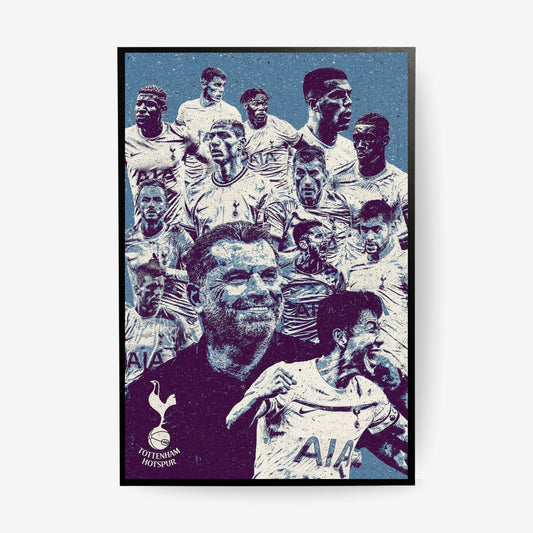 Tottenham Hotspur football poster in a black frame featuring a blue and purple Spurs team collage