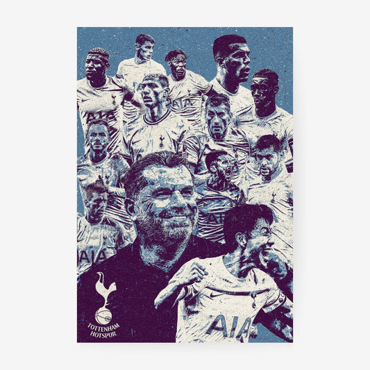 Tottenham Hotspur football poster featuring Spurs players and manager in a blue and purple collage