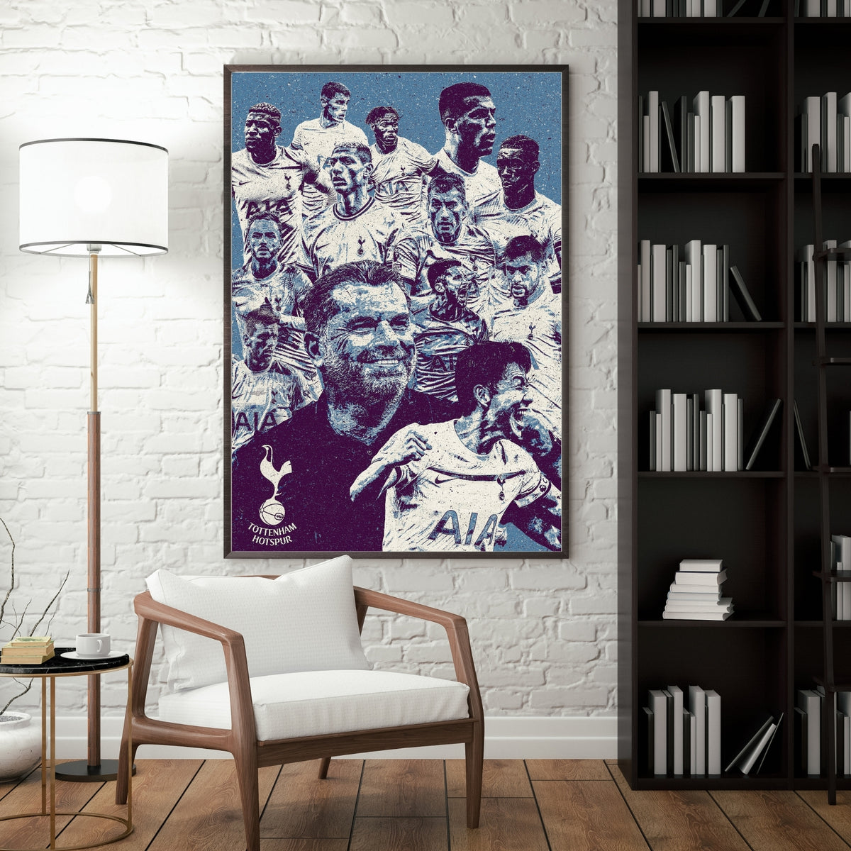 Tottenham Hotspur football poster displayed in a modern interior with a dark frame