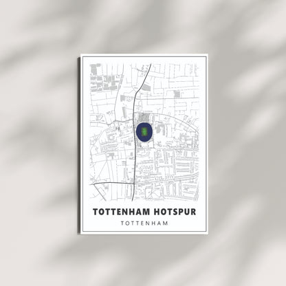 Tottenham Hotspur football wall art featuring a minimalist stadium map poster displayed on a modern neutral wall