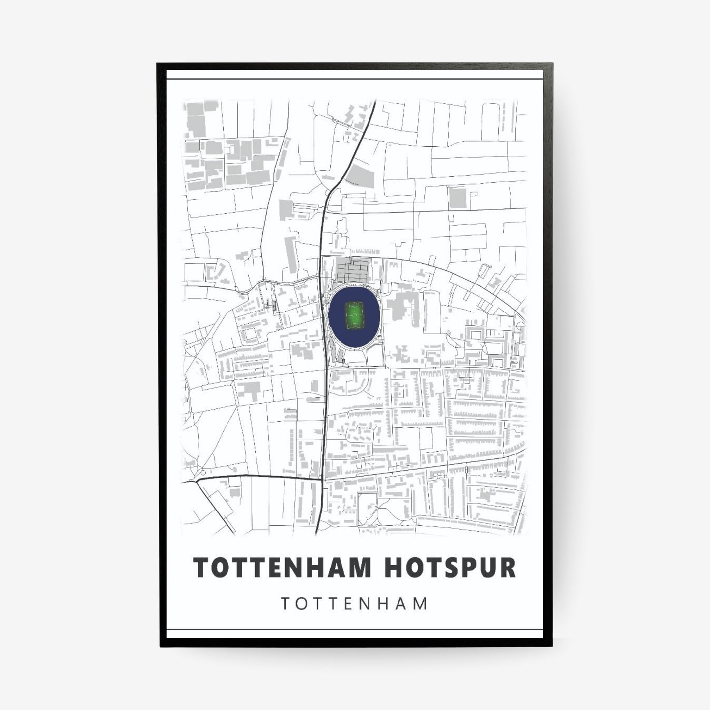 Tottenham Hotspur stadium map poster in a black frame featuring a minimalist Tottenham street map with the iconic football stadium highlighted in navy blue