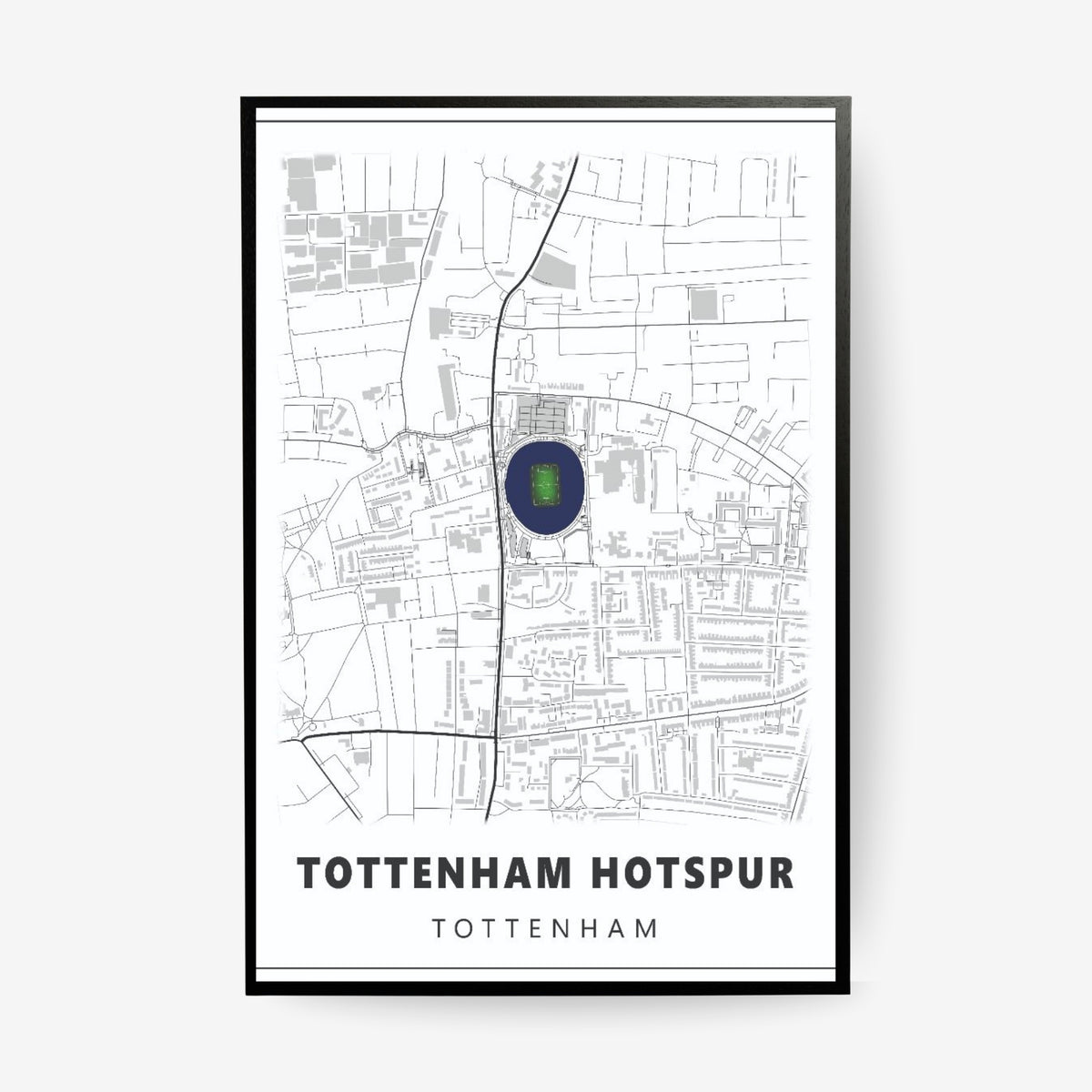 Tottenham Hotspur stadium map poster in a black frame featuring a minimalist Tottenham street map with the iconic football stadium highlighted in navy blue