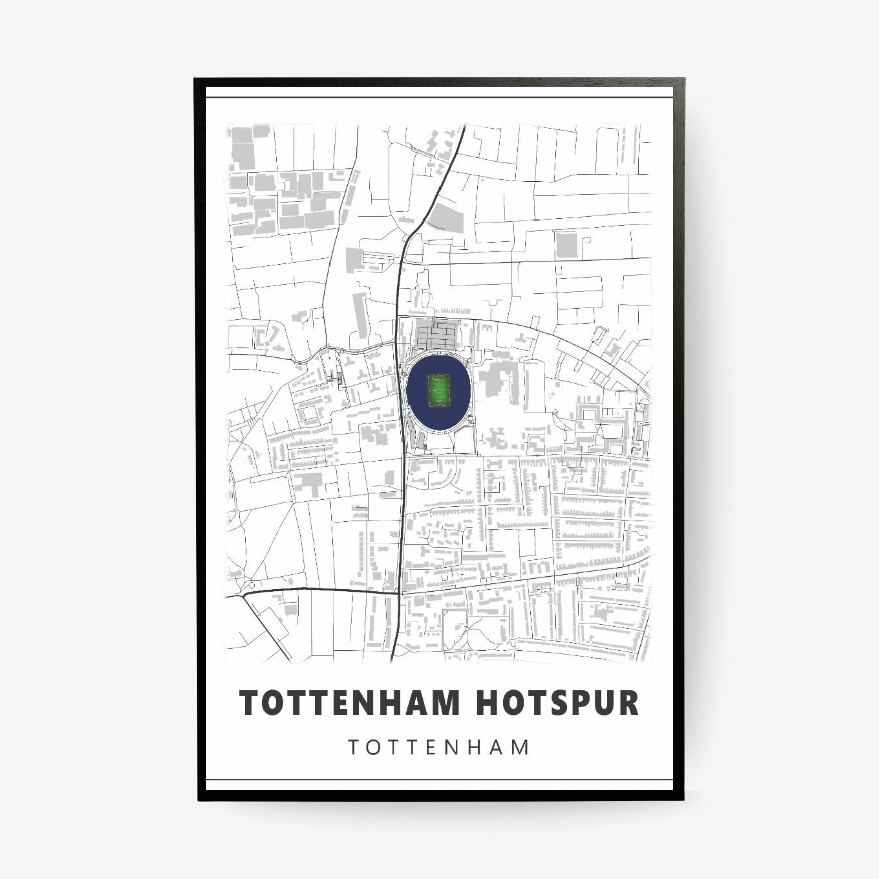 Tottenham Hotspur stadium map poster in a black frame featuring a minimalist Tottenham street map with the iconic football stadium highlighted in navy blue