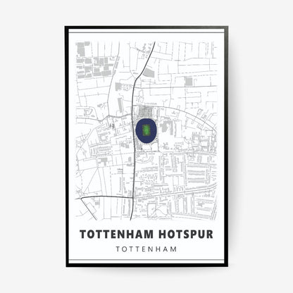 Tottenham Hotspur stadium map poster in a black frame featuring a minimalist Tottenham street map with the iconic football stadium highlighted in navy blue