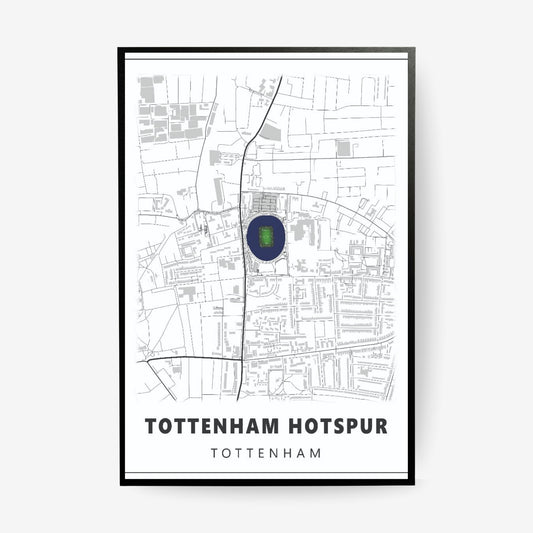 Tottenham Hotspur stadium map poster in a black frame featuring a minimalist Tottenham street map with the iconic football stadium highlighted in navy blue