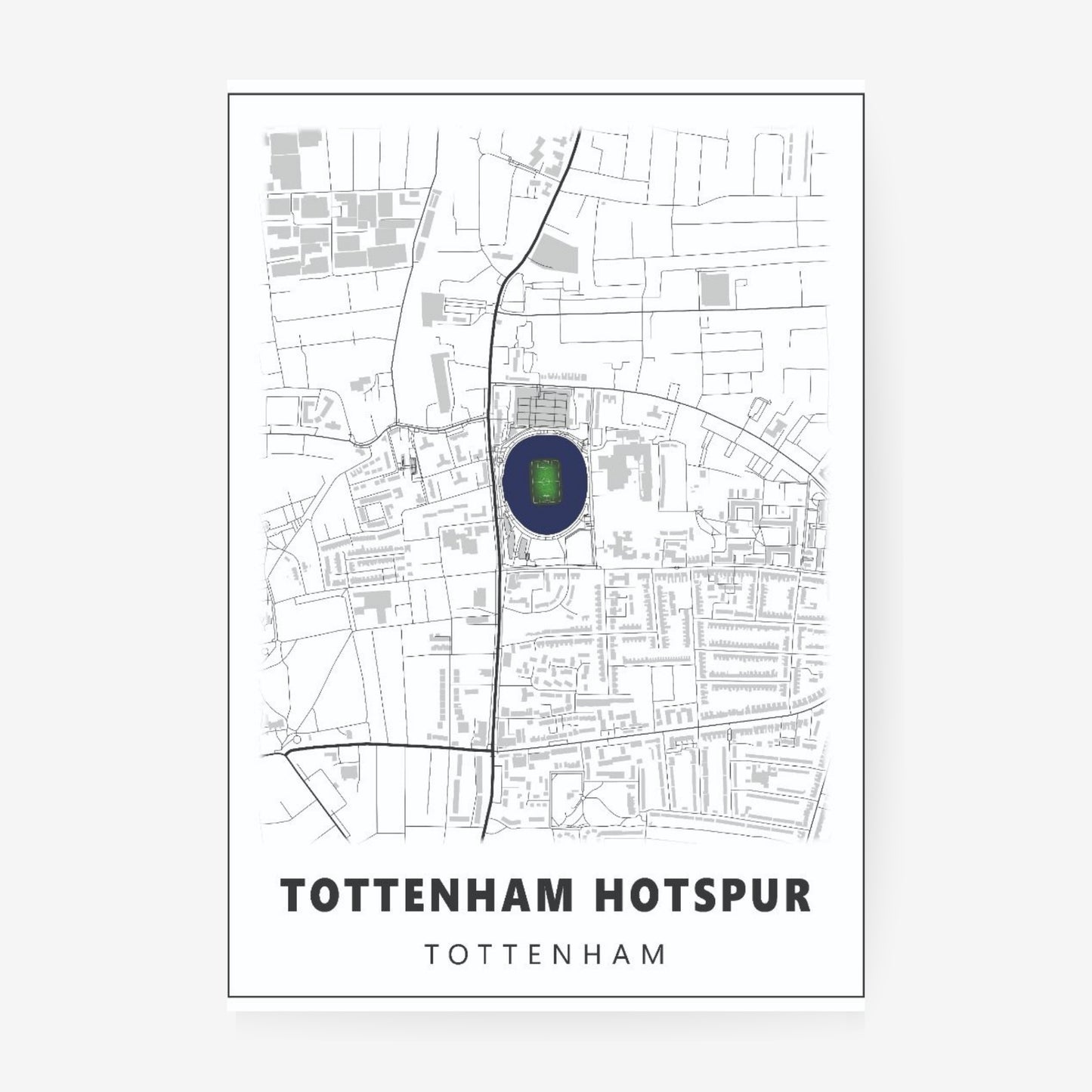 Tottenham Hotspur stadium map poster featuring a minimalist Tottenham street map with the iconic football stadium highlighted in navy blue