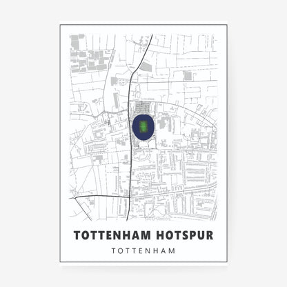 Tottenham Hotspur stadium map poster featuring a minimalist Tottenham street map with the iconic football stadium highlighted in navy blue