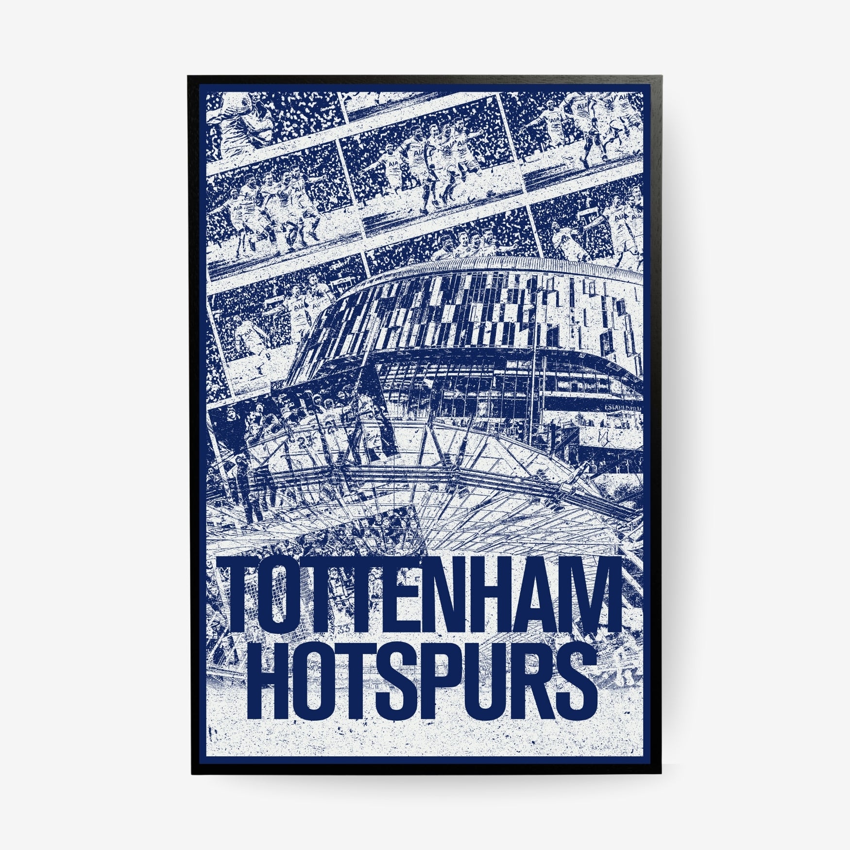 Tottenham Hotspur stadium poster in a black frame featuring Spurs match moments in navy blue