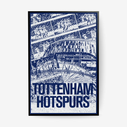 Tottenham Hotspur stadium poster in a black frame featuring Spurs match moments in navy blue