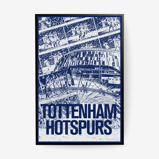 Tottenham Hotspur stadium poster in a black frame featuring Spurs match moments in navy blue
