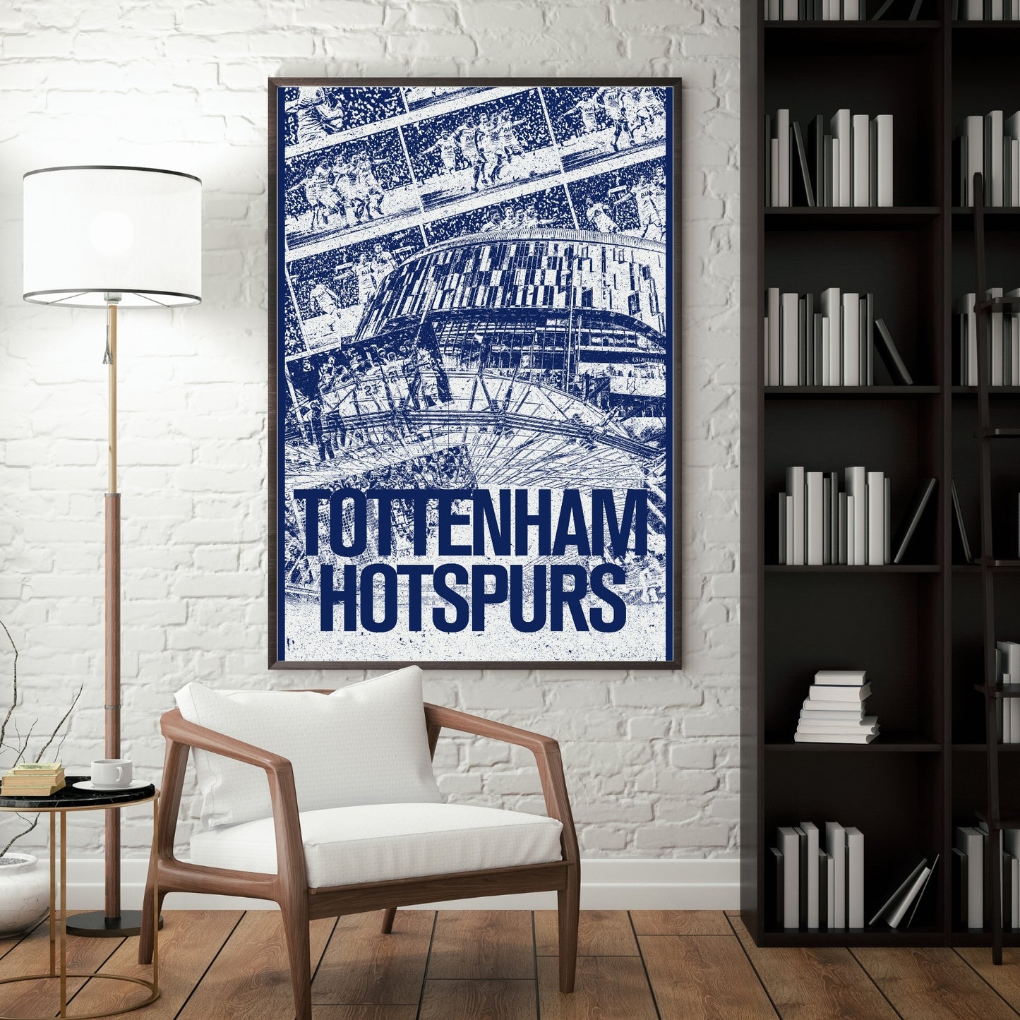 Tottenham Hotspur stadium poster displayed in a modern interior with a dark frame