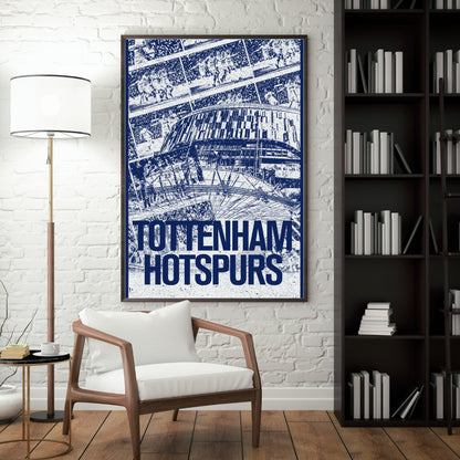 Tottenham Hotspur stadium poster displayed in a modern interior with a dark frame