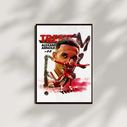 Football wall art of Trent Alexander-Arnold with shadows and textured background, highlighting his on-field energy.