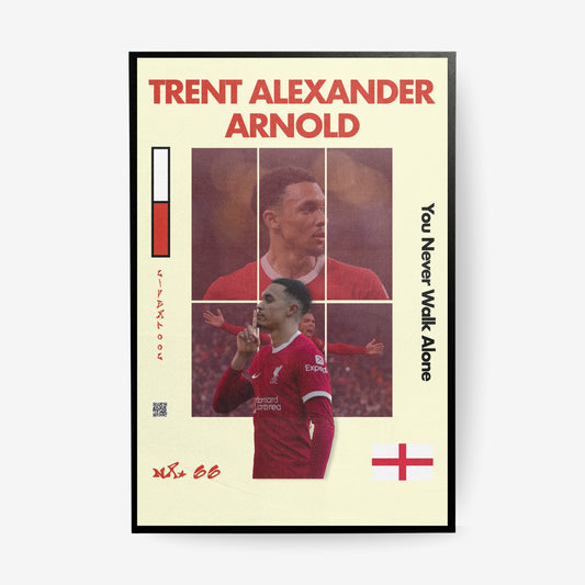 Trent Alexander-Arnold football poster in a black frame featuring Liverpool inspired artwork