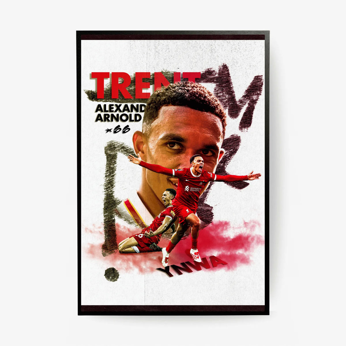 Digital football art poster of Trent Alexander-Arnold in Liverpool’s red kit, featuring dynamic action shots and bold typography with “YNWA,” ideal for wall art and football fans.