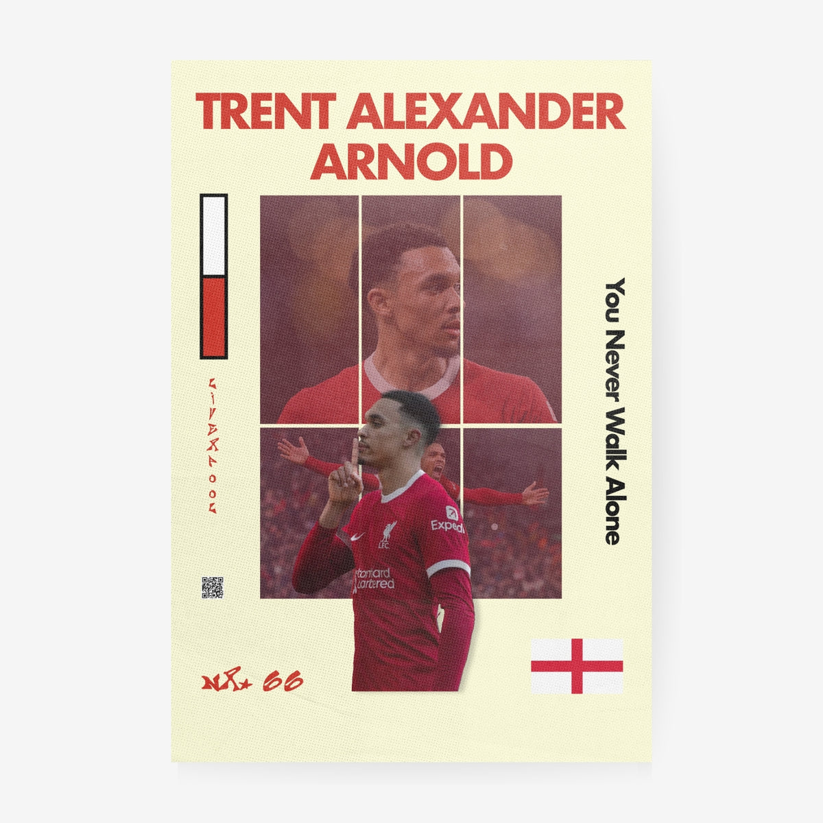 Trent Alexander-Arnold football poster featuring Liverpool red colors and England inspired design