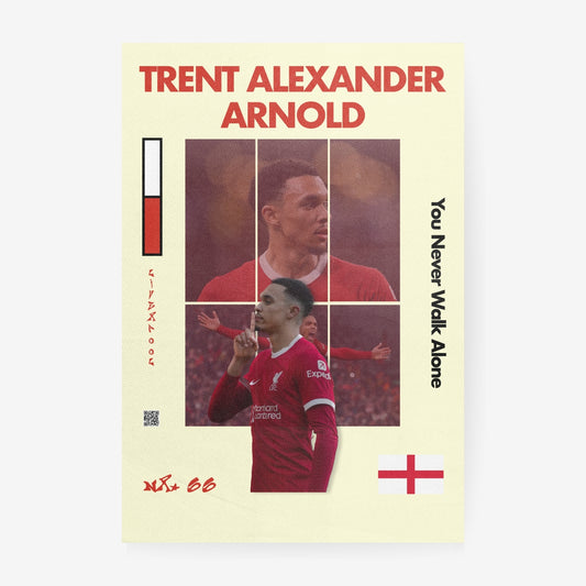 Trent Alexander-Arnold football poster featuring Liverpool red colors and England inspired design