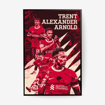 Trent Alexander-Arnold Liverpool football poster in a black frame featuring the English defender in a red vintage collage design