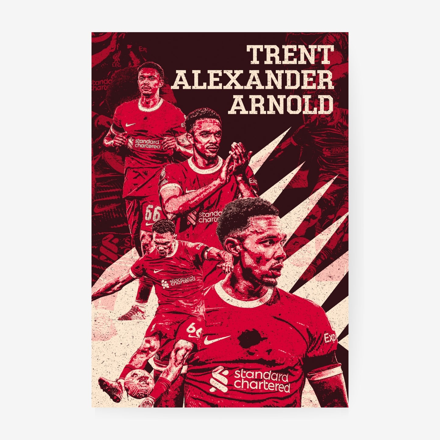 Trent Alexander-Arnold Liverpool poster featuring the English defender in a red and cream vintage football collage design