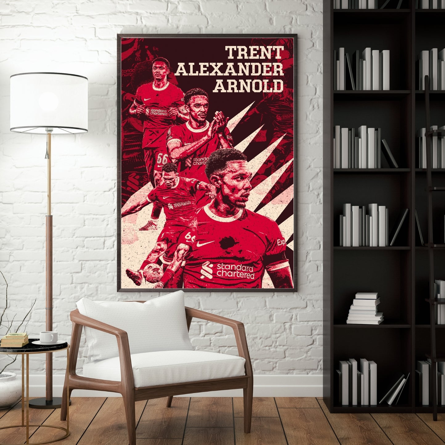 Trent Alexander-Arnold Liverpool football poster displayed in a modern interior with a red and cream vintage design