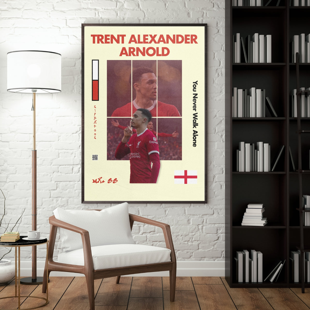 Trent Alexander-Arnold football poster displayed in a modern interior with a dark frame