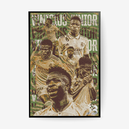 Vinicius Junior football poster in a black frame featuring a vintage Real Madrid and Brazil collage