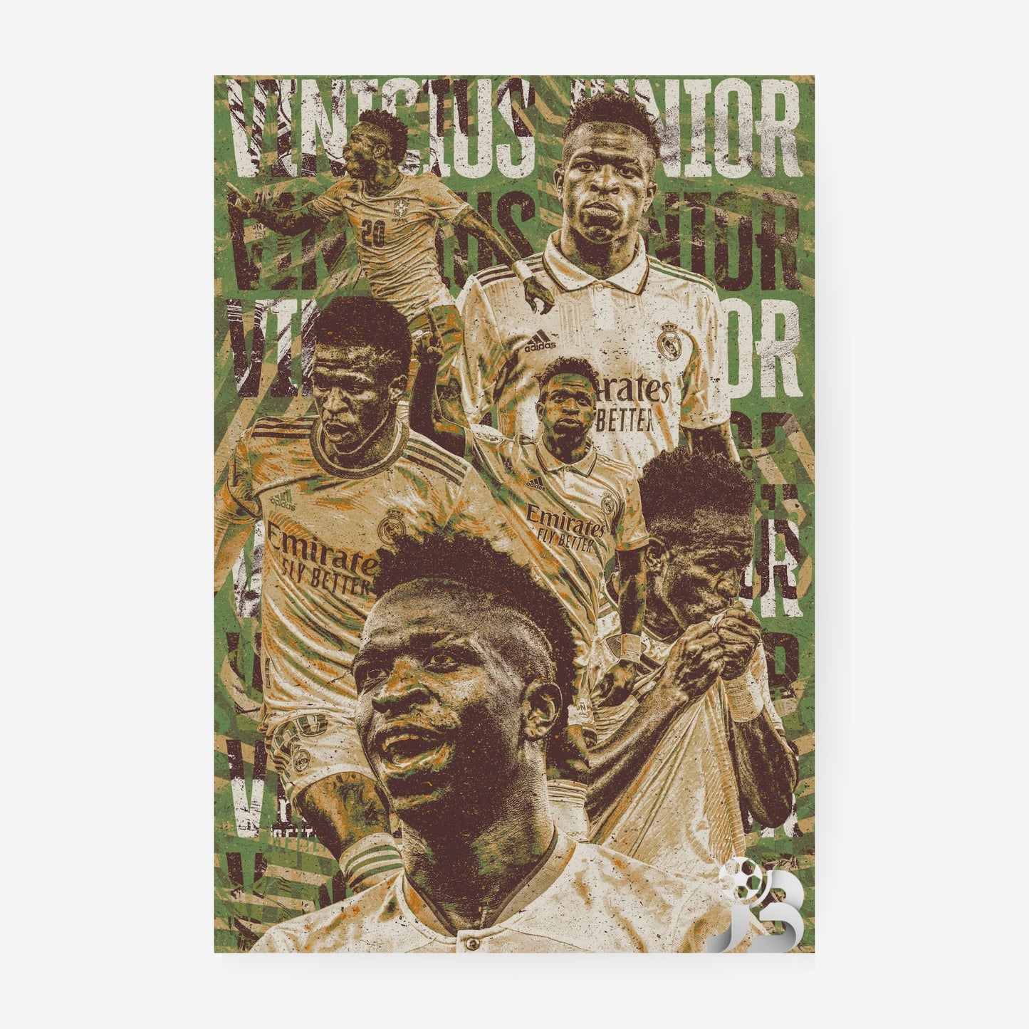 Vinicius Junior football poster featuring a vintage collage of Real Madrid and Brazil career moments