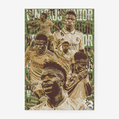 Vinicius Junior football poster featuring a vintage collage of Real Madrid and Brazil career moments