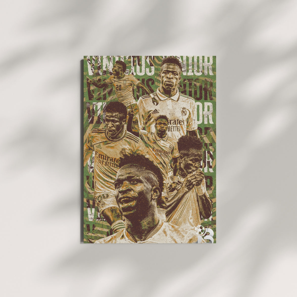 Vinicius Junior football wall art featuring a vintage green gold and white football collage