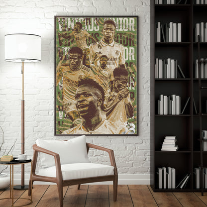 Vinicius Junior football poster displayed in a modern interior with a dark frame