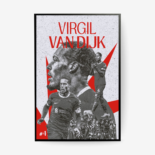 Virgil van Dijk football poster in a black frame featuring a red and black Liverpool collage