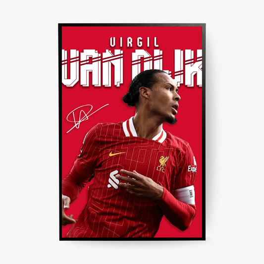 Framed poster of a soccer player in a red jersey with visible branding on a red background.