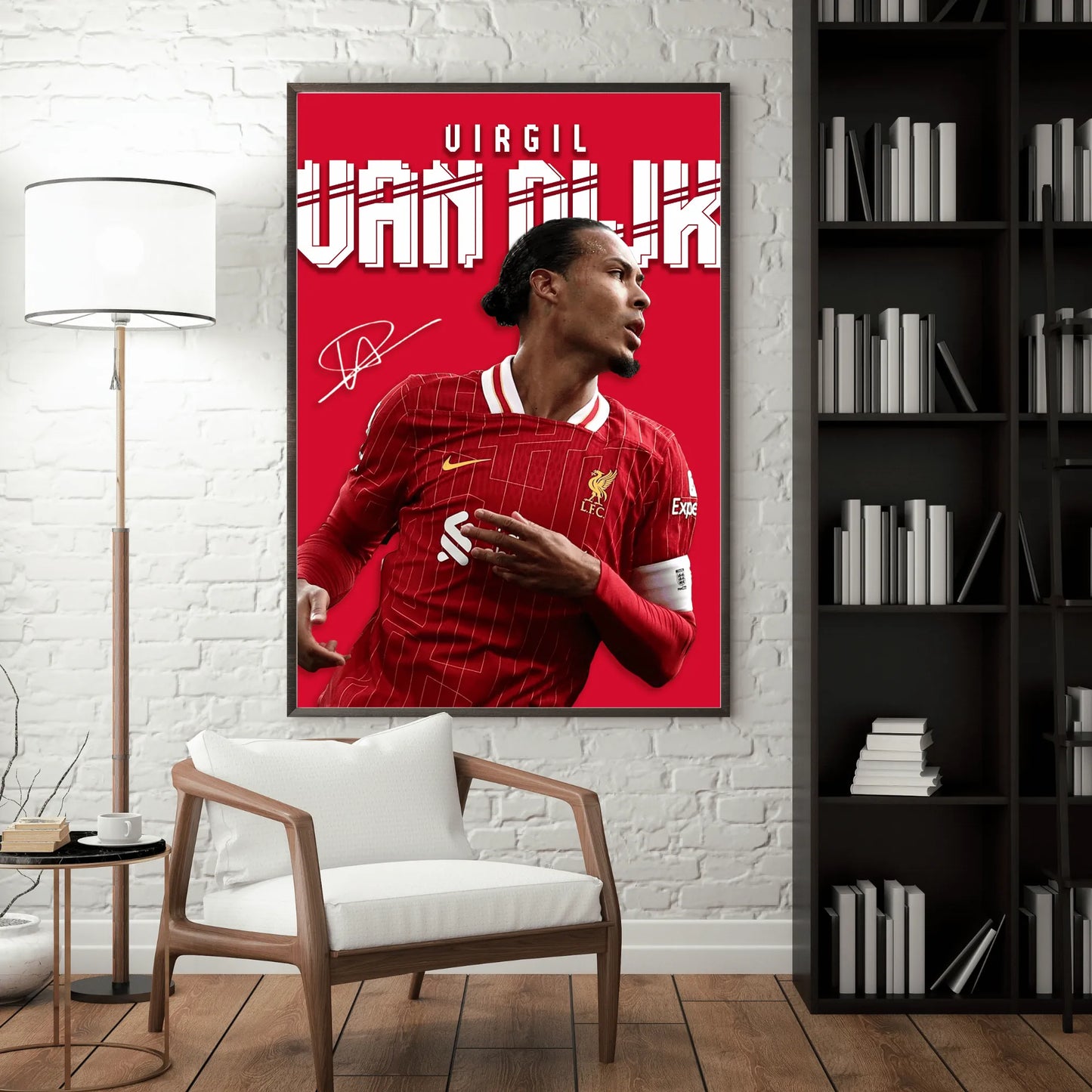 Poster of a soccer player in a red jersey on a wall in a room with a chair and bookshelf.