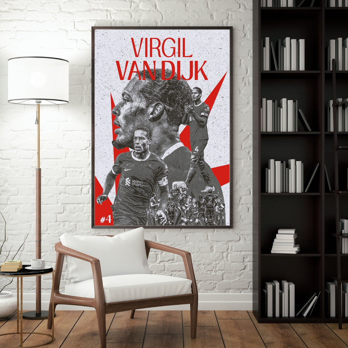 Virgil van Dijk Liverpool football poster displayed in a modern interior with a dark frame