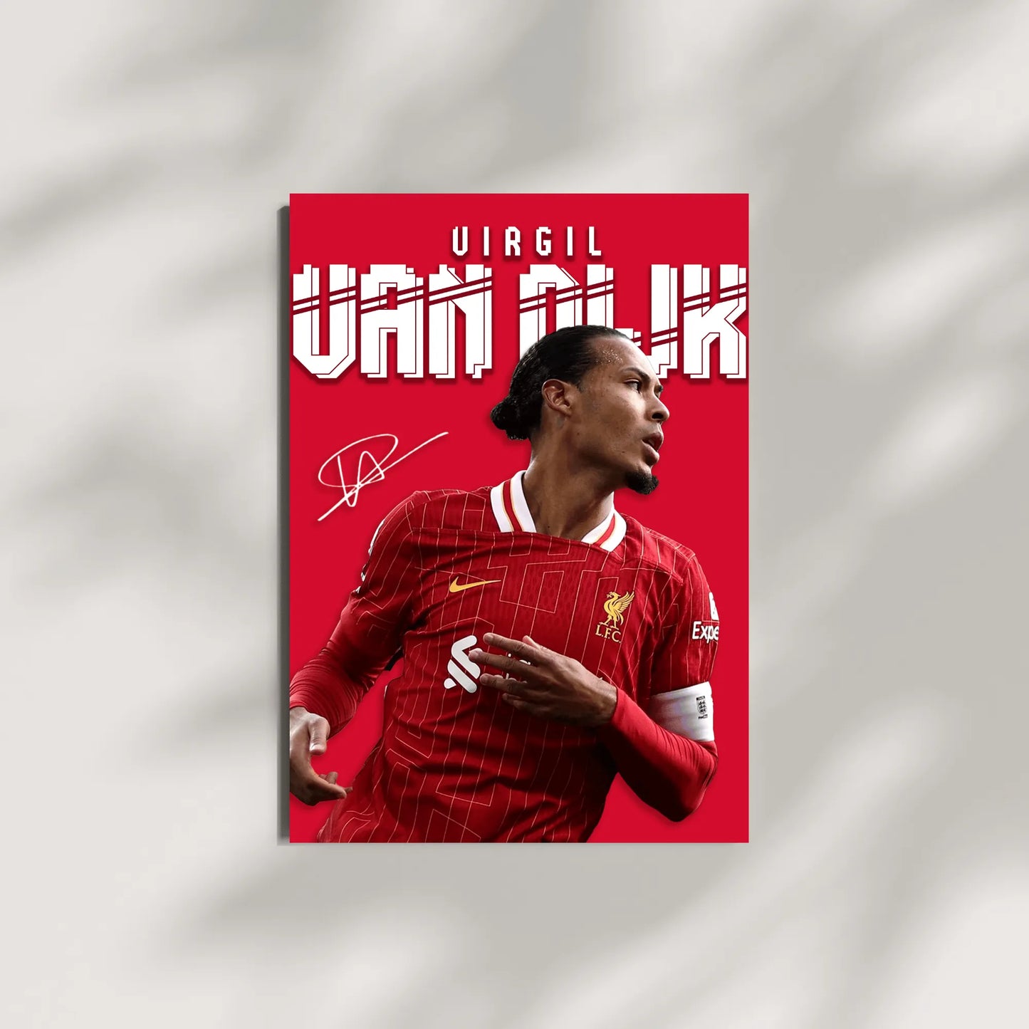 Poster of a soccer player in a red jersey with 'Virgil Van Dijk' text on a red background