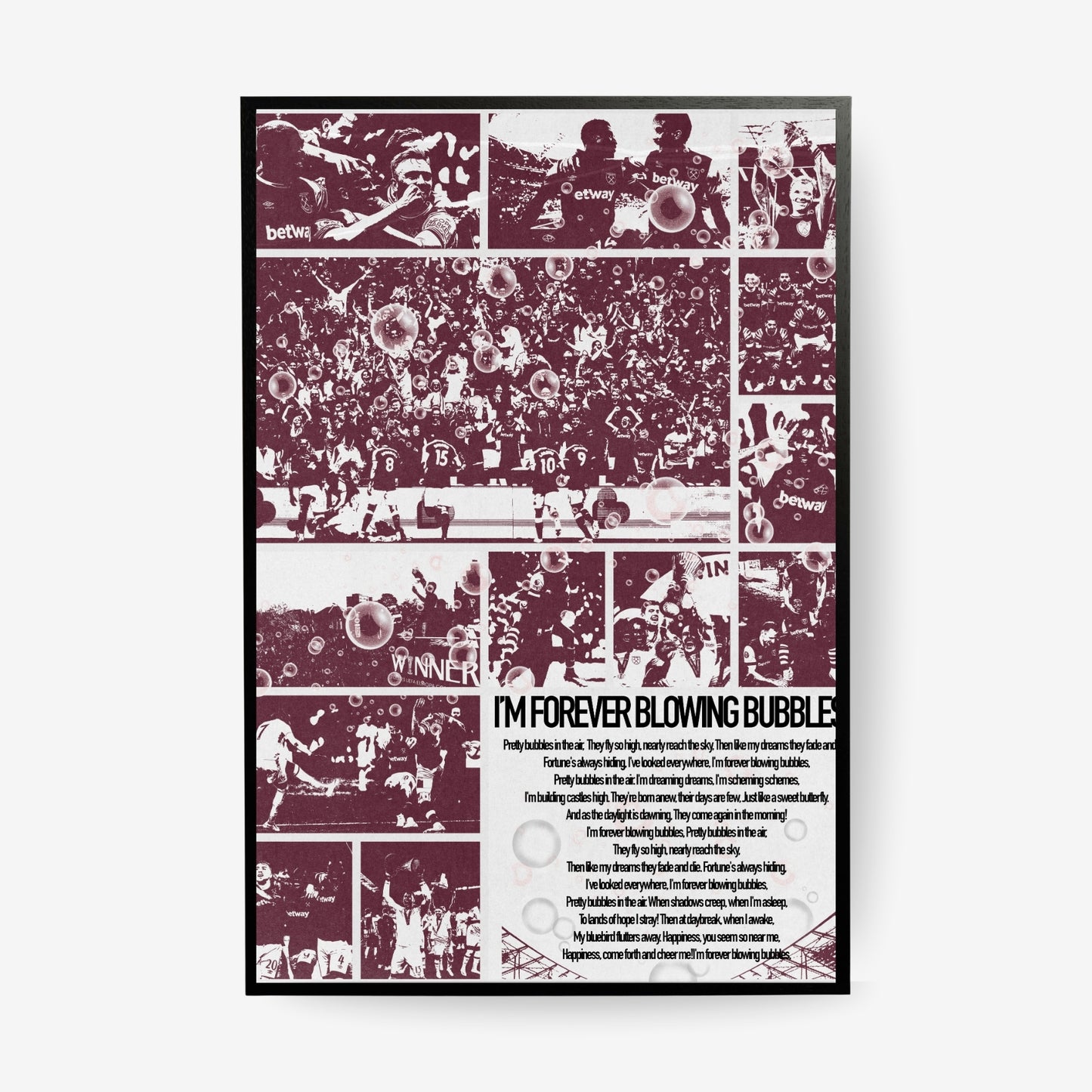 West Ham football poster with supporters and bubbles in a black frame