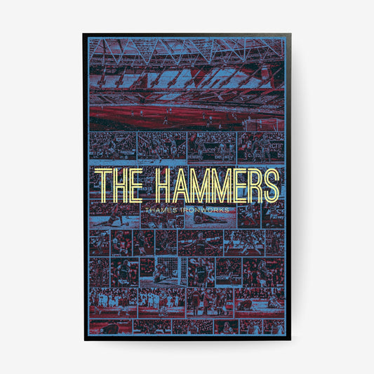 West Ham United football poster in a black frame featuring The Hammers and London Stadium