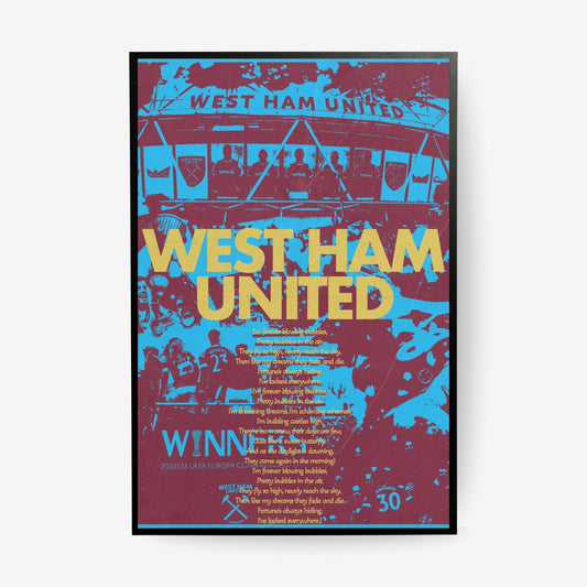 West Ham United football poster in claret and blue displayed in a black frame