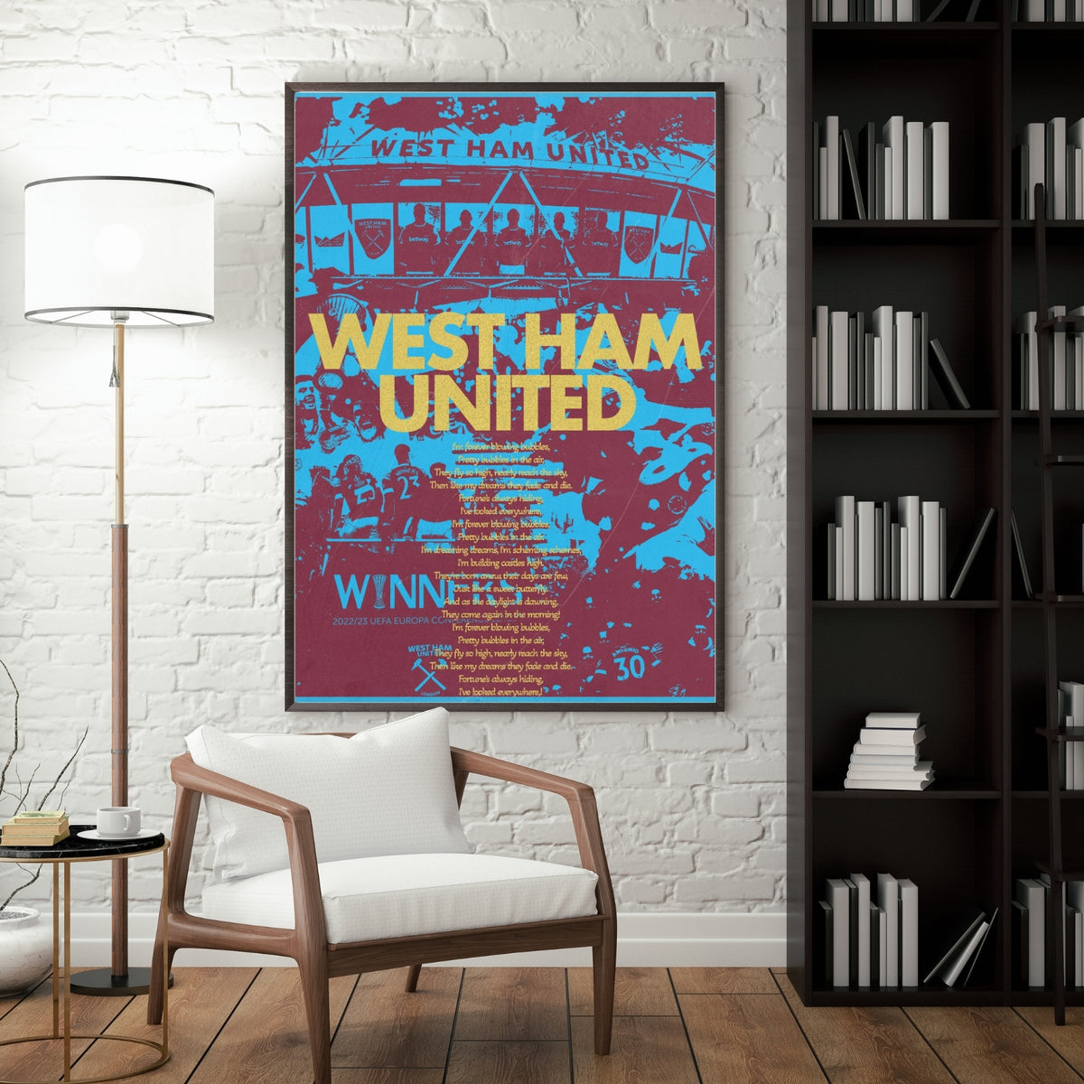 West Ham United poster displayed as framed football wall art in a modern interior
